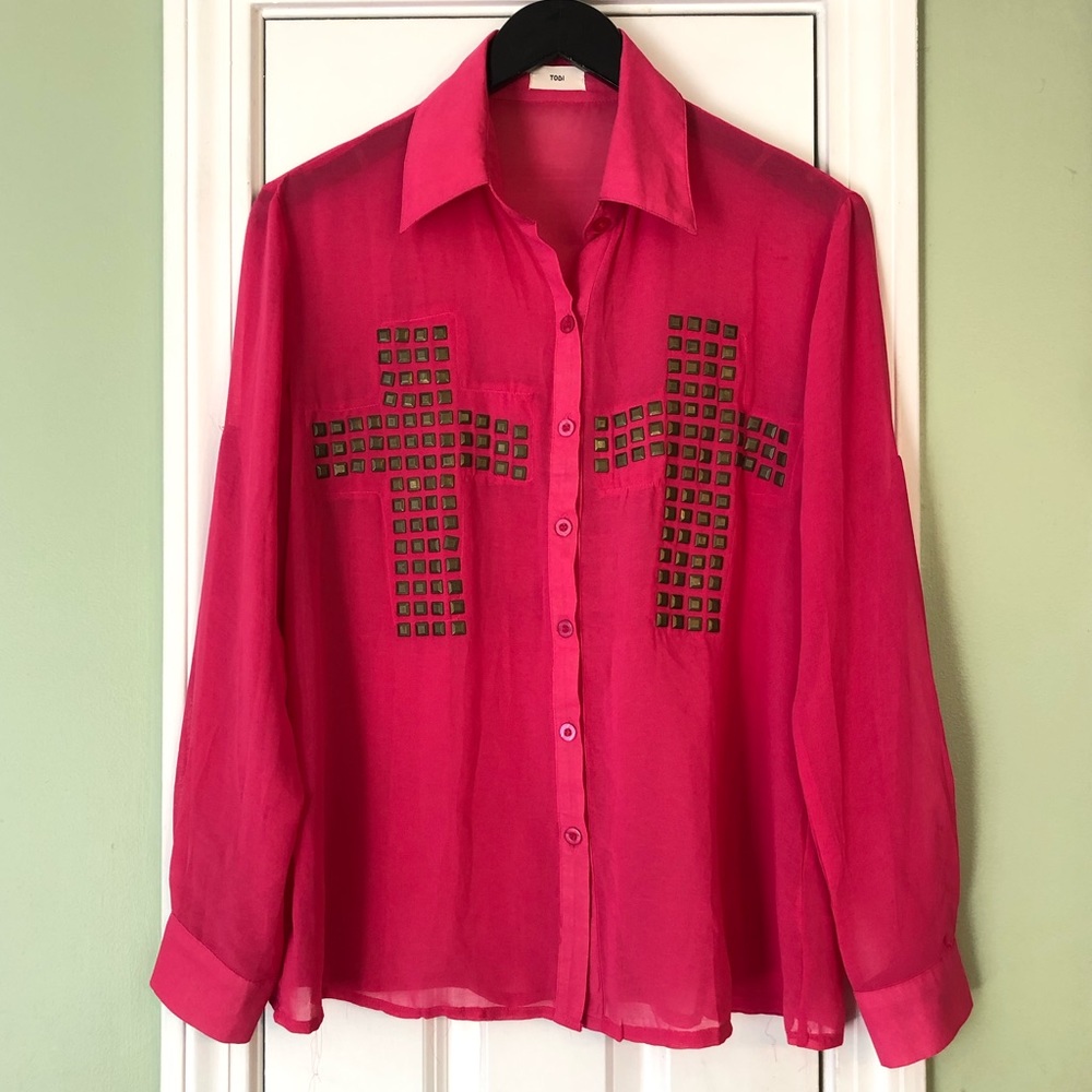 Tobi Cross Studded Sheer Pink Button Down Blouse